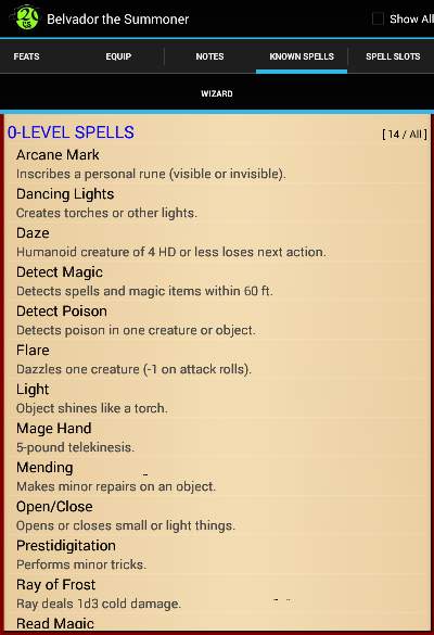 List of known spells